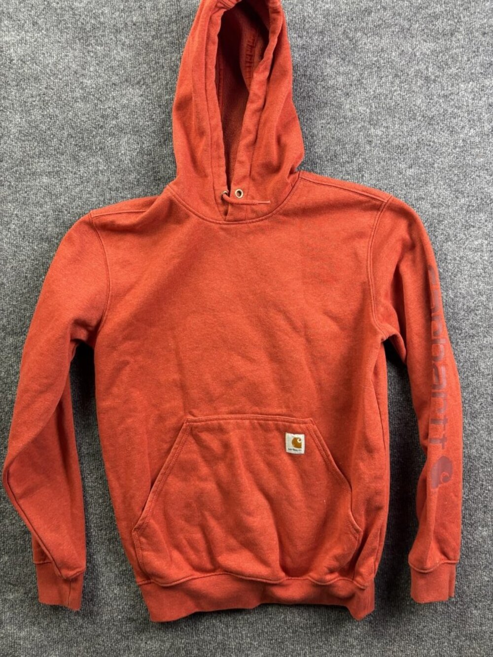 Carhartt Hoodie‎ Mens Small Orange Pullover Fleece Sweatshirt Logo Sleeve K288